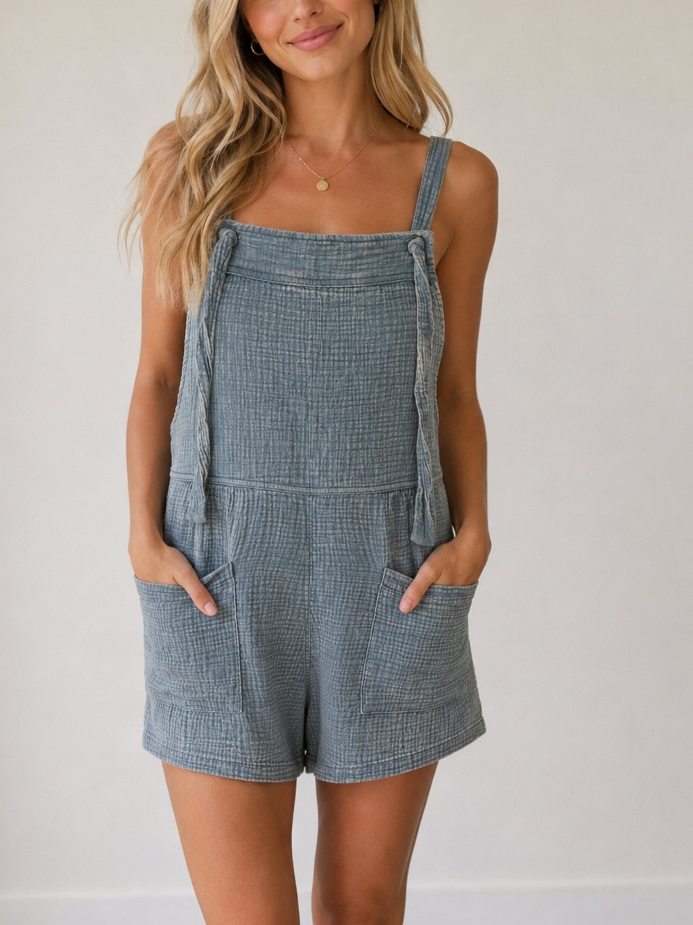 Women's Zenana Slate Blue Cotton Gauze Short Overalls Romper size small